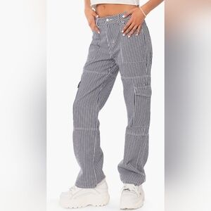 Edikted Y2K Stripe Out Button-Detail Cargo Pants, Size S